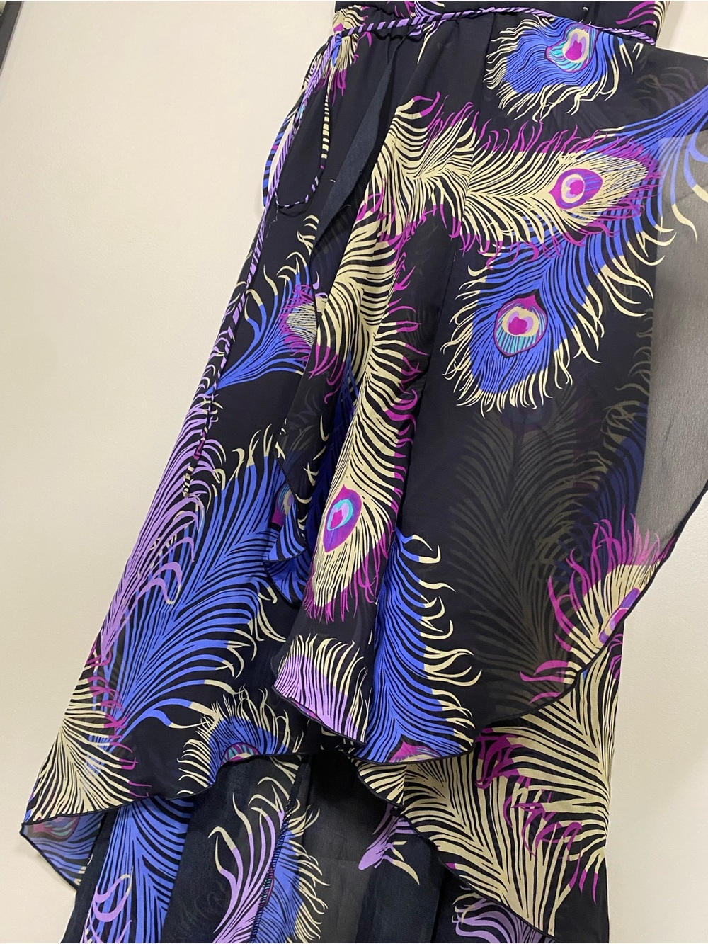 Boston Proper Peacock Halter Maxi Dress High Low Flowy Chiffon V Neck Size 8 - Picture 6 of 16